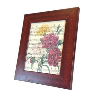 Handmade Upcycled Vintage Sheet Music Pink Carnation Flower Wood Framed Art